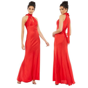 Mac Duggal Red Satin Keyhole Halter Empire Waist Wedding Guest Event Gown Sz 18